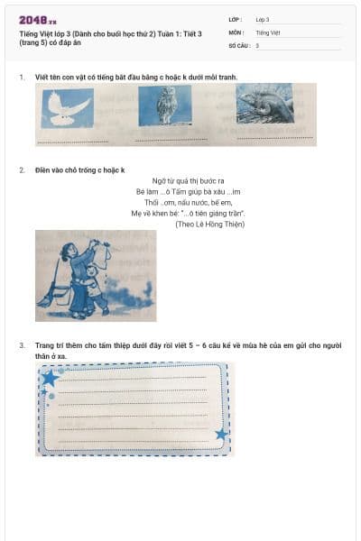 Tiếng Việt lớp 3 (Dành cho buổi học thứ 2) Tuần 1: Tiết 3 (trang 5) có đáp án