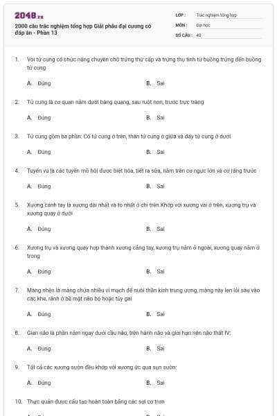 2000 câu trắc nghiệm tổng hợp Giải phẫu đại cương có đáp án - Phần 13