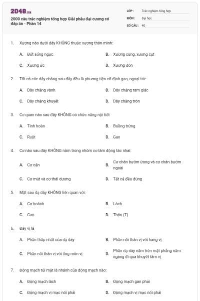 2000 câu trắc nghiệm tổng hợp Giải phẫu đại cương có đáp án - Phần 14