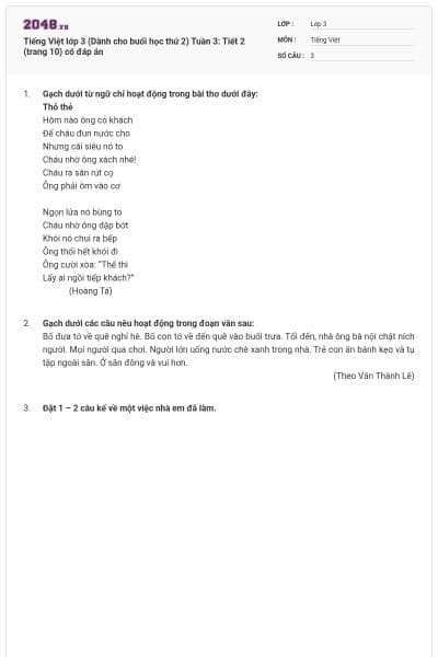 Tiếng Việt lớp 3 (Dành cho buổi học thứ 2) Tuần 3: Tiết 2 (trang 10) có đáp án