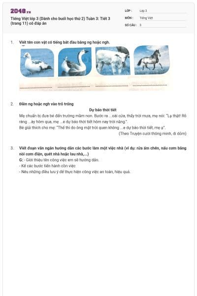 Tiếng Việt lớp 3 (Dành cho buổi học thứ 2) Tuần 3: Tiết 3 (trang 11) có đáp án