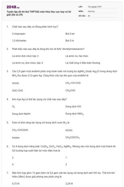 Tuyển tập đề thi thử THPTQG môn Hóa Học cực hay có lời giải (Đề số 29)