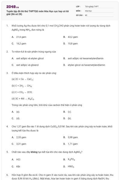Tuyển tập đề thi thử THPTQG môn Hóa Học cực hay có lời giải (Đề số 28)