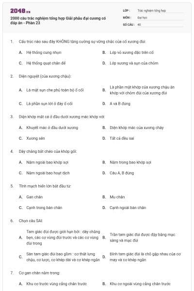 2000 câu trắc nghiệm tổng hợp Giải phẫu đại cương có đáp án - Phần 23