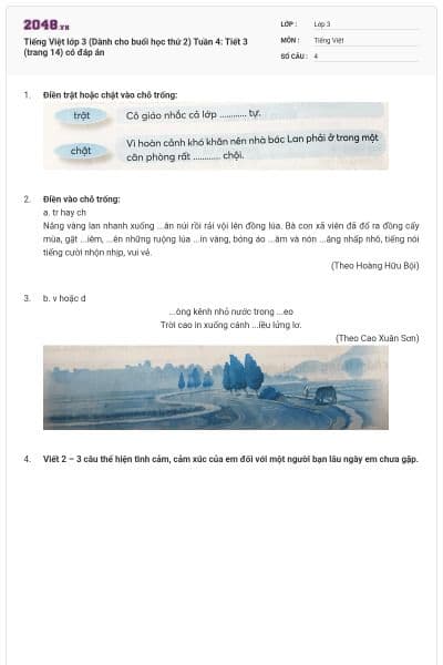 Tiếng Việt lớp 3 (Dành cho buổi học thứ 2) Tuần 4: Tiết 3 (trang 14) có đáp án