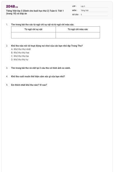 Tiếng Việt lớp 3 (Dành cho buổi học thứ 2) Tuần 6: Tiết 1 (trang 18) có đáp án