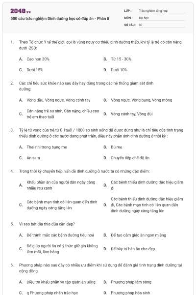 500 câu trắc nghiệm Dinh dưỡng học có đáp án - Phần 8