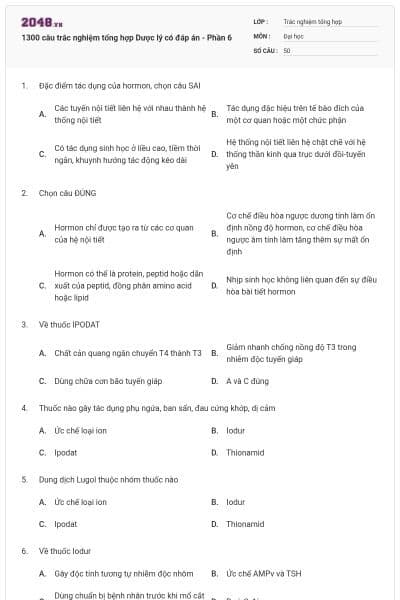 1300 câu trắc nghiệm tổng hợp Dược lý có đáp án - Phần 6