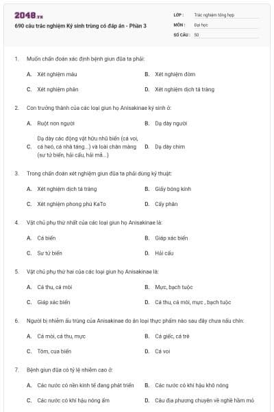 690 câu trắc nghiệm Ký sinh trùng có đáp án - Phần 3