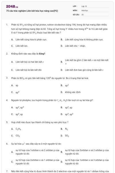 75 câu trắc nghiệm Liên kết hóa học nâng cao(P2)