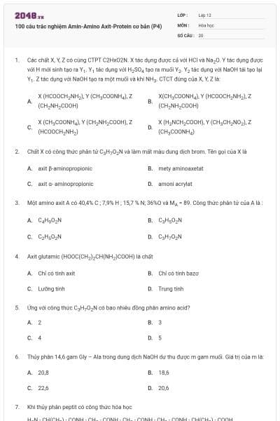 100 câu trắc nghiệm Amin-Amino Axit-Protein cơ bản (P4)