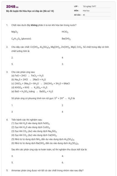 Bộ đề luyện thi Hóa Học có đáp án (Đề số 14)