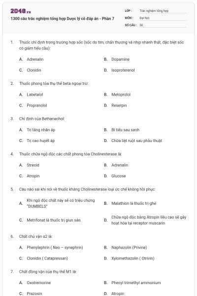 1300 câu trắc nghiệm tổng hợp Dược lý có đáp án - Phần 7