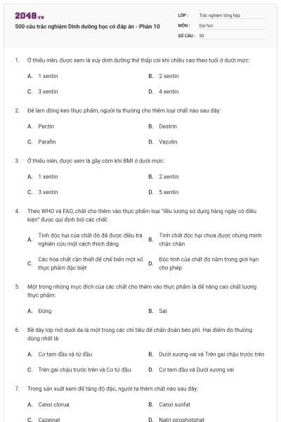 500 câu trắc nghiệm Dinh dưỡng học có đáp án - Phần 10