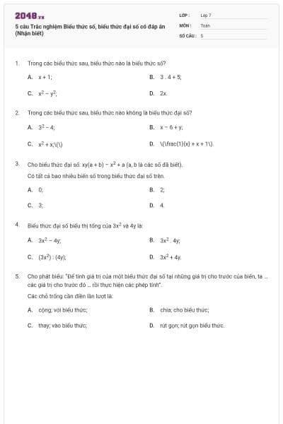 5 câu Trắc nghiệm Biểu thức số, biểu thức đại số có đáp án (Nhận biết)