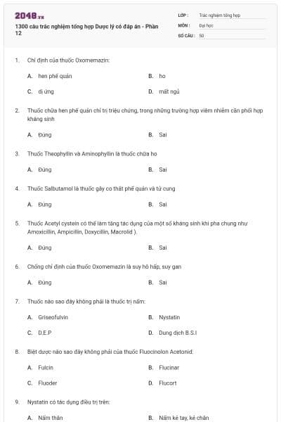 1300 câu trắc nghiệm tổng hợp Dược lý có đáp án - Phần 12