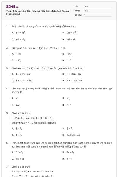 7 câu Trắc nghiệm Biểu thức số, biểu thức đại số có đáp án (Thông hiểu)