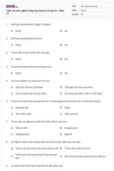 1300 câu trắc nghiệm tổng hợp Dược lý có đáp án - Phần 15