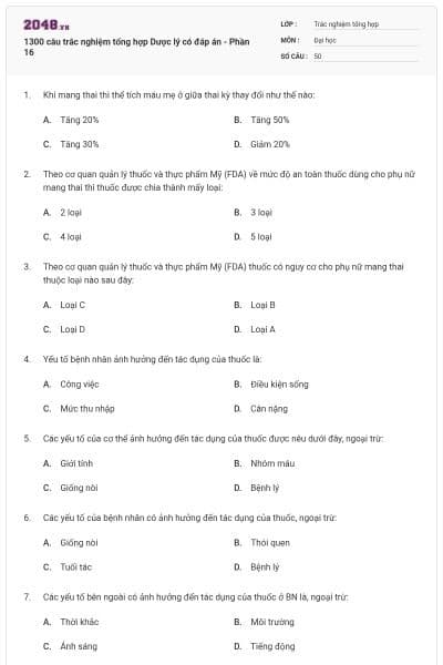 1300 câu trắc nghiệm tổng hợp Dược lý có đáp án - Phần 16