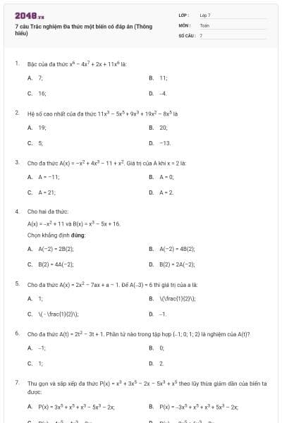 7 câu Trắc nghiệm Đa thức một biến có đáp án (Thông hiểu)