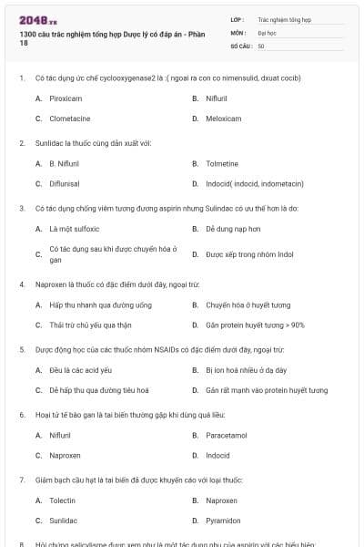 1300 câu trắc nghiệm tổng hợp Dược lý có đáp án - Phần 18
