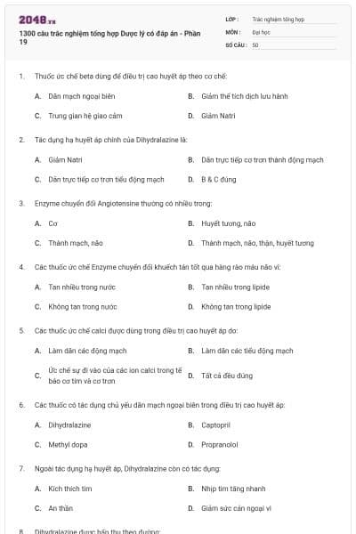 1300 câu trắc nghiệm tổng hợp Dược lý có đáp án - Phần 19