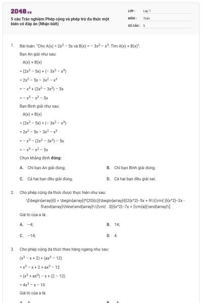 5 câu Trắc nghiệm Phép cộng và phép trừ đa thức một biến có đáp án (Nhận biết)