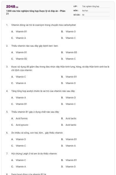 1300 câu trắc nghiệm tổng hợp Dược lý có đáp án - Phần 21