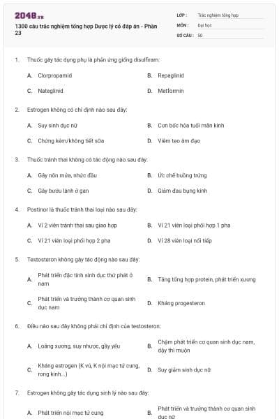 1300 câu trắc nghiệm tổng hợp Dược lý có đáp án - Phần 23