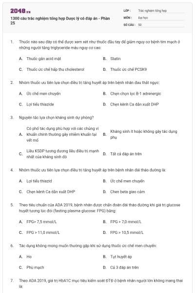 1300 câu trắc nghiệm tổng hợp Dược lý có đáp án - Phần 25