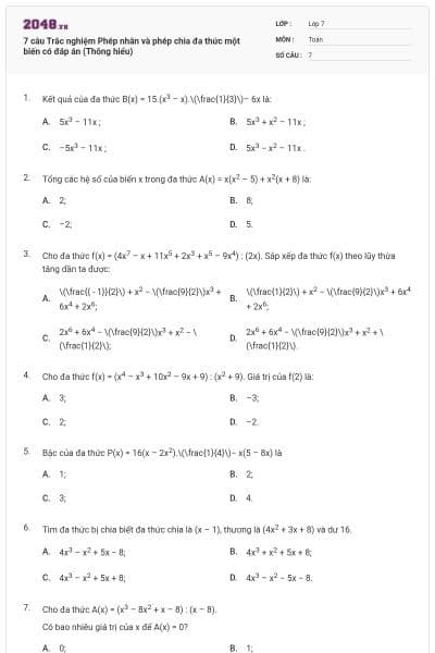 7 câu Trắc nghiệm Phép nhân và phép chia đa thức một biến có đáp án (Thông hiểu)