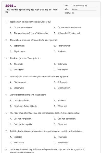 1300 câu trắc nghiệm tổng hợp Dược lý có đáp án - Phần 26