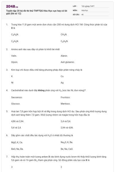Tuyển tập 20 bộ đề thi thử THPTQG Hóa Học cực hay có lời giải (Đề số 12)