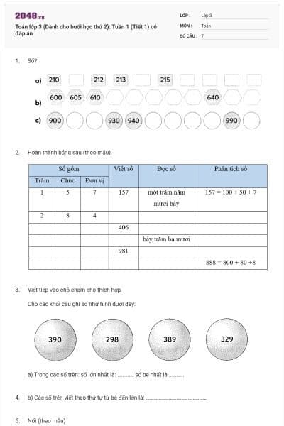Toán lớp 3 (Dành cho buổi học thứ 2): Tuần 1 (Tiết 1) có đáp án