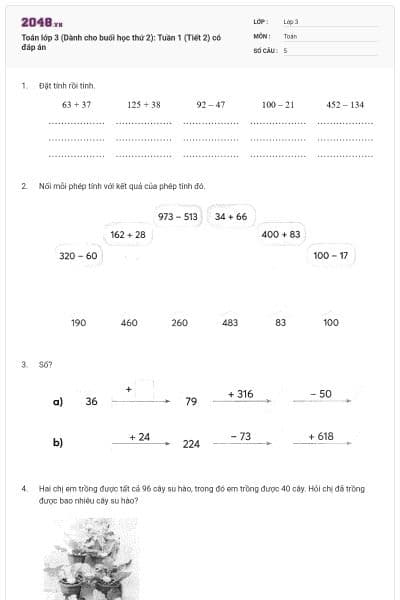 Toán lớp 3 (Dành cho buổi học thứ 2): Tuần 1 (Tiết 2) có đáp án