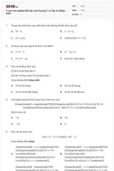 6 câu Trắc nghiệm Bài tập cuối chương 7 có đáp án (Nhận biết)