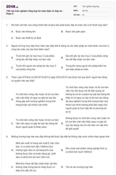 700 câu trắc nghiệm tổng hợp An toàn điện có đáp án - Phần 5