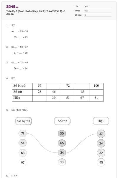 Toán lớp 3 (Dành cho buổi học thứ 2): Tuần 2 (Tiết 1) có đáp án