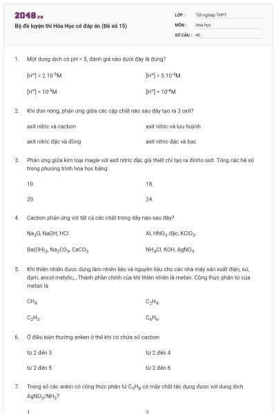 Bộ đề luyện thi Hóa Học có đáp án (Đề số 15)
