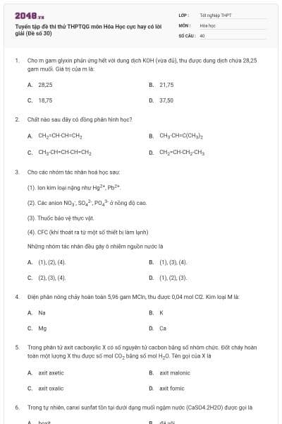 Tuyển tập đề thi thử THPTQG môn Hóa Học cực hay có lời giải (Đề số 30)