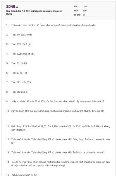 Giải toán 6 Bài 14: Tìm giá trị phân số của một số cho trước