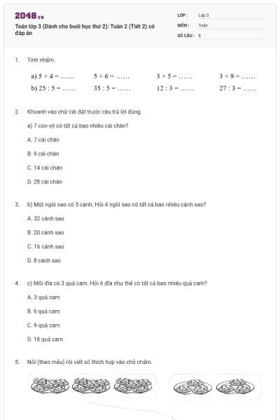 Toán lớp 3 (Dành cho buổi học thứ 2): Tuần 2 (Tiết 2) có đáp án