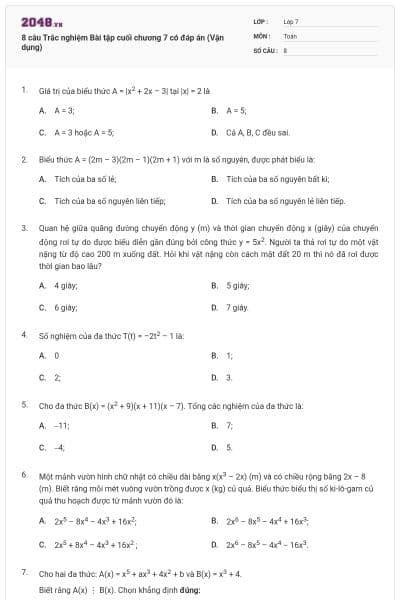 8 câu Trắc nghiệm Bài tập cuối chương 7 có đáp án (Vận dụng)