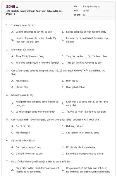 470 câu trắc nghiệm Chuẩn đoán hình ảnh có đáp án - Phần 13