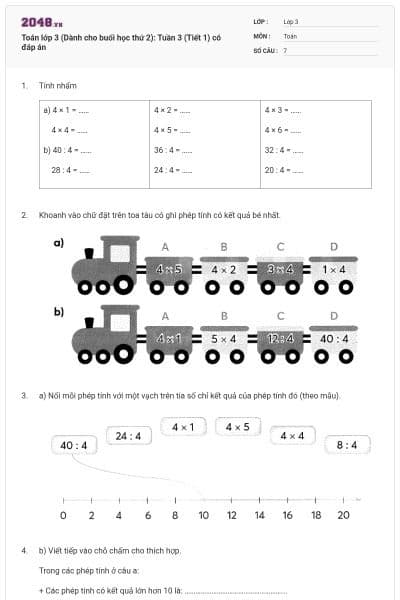 Toán lớp 3 (Dành cho buổi học thứ 2): Tuần 3 (Tiết 1) có đáp án