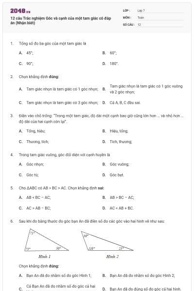 12 câu Trắc nghiệm Góc và cạnh của một tam giác có đáp án (Nhận biết)
