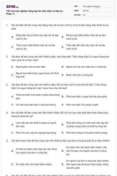 700 câu trắc nghiệm tổng hợp An toàn điện có đáp án - Phần 11