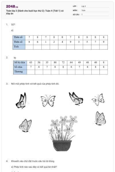 Toán lớp 3 (Dành cho buổi học thứ 2): Tuần 4 (Tiết 1) có đáp án