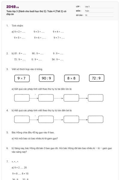Toán lớp 3 (Dành cho buổi học thứ 2): Tuần 4 (Tiết 2) có đáp án