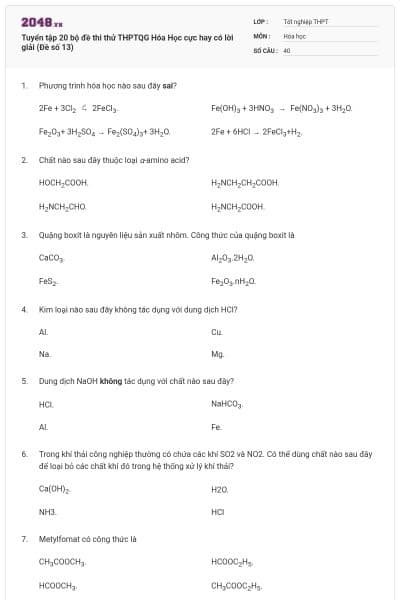 Tuyển tập 20 bộ đề thi thử THPTQG Hóa Học cực hay có lời giải (Đề số 13)
